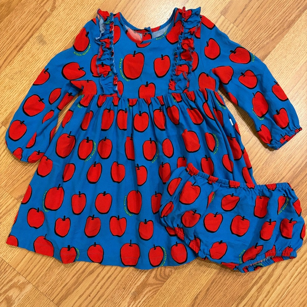Stella McCartney Kids Blue Apple Print Dress with Bloomers - 36 Months